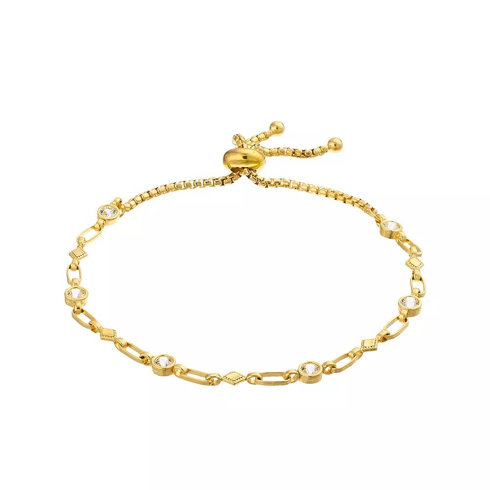 Kristen Kesho Sterling Silver Lab-Created White Sapphire & Kite Link Adjustable Bolo Bracelet, Women's, Size: 9.50, Gold Tone Product Image