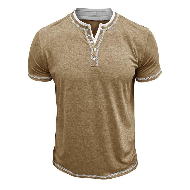 Mock Two-Piece Short-Sleeve Contrast Stitched Henley T-Shirt Product Image
