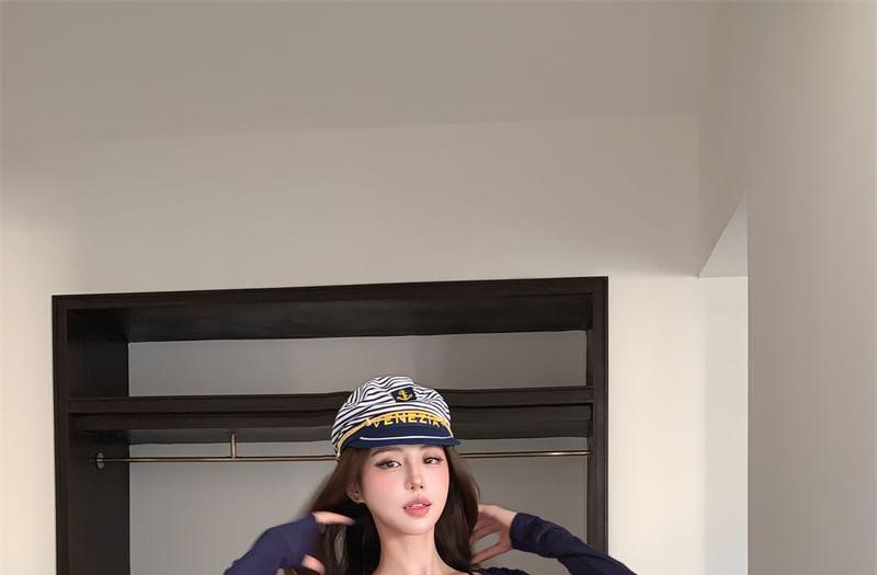 Spaghetti Strap V-Neck Striped Camisole Top / High Waist Plain Mini Pencil Skirt / Plain Crop Cardigan Product Image