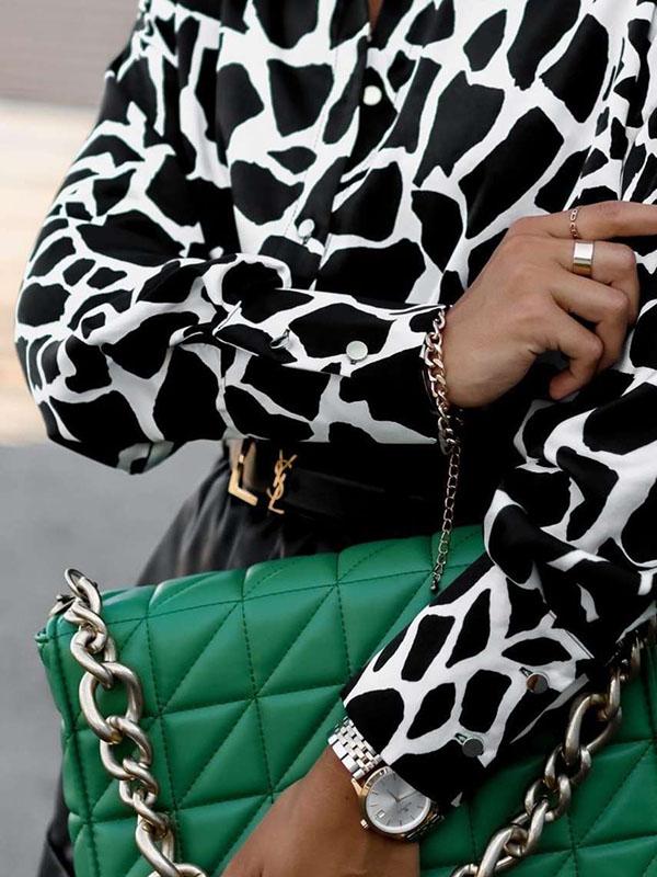 Long Sleeves Loose Contrast Color Printed Lapel Blouses Product Image