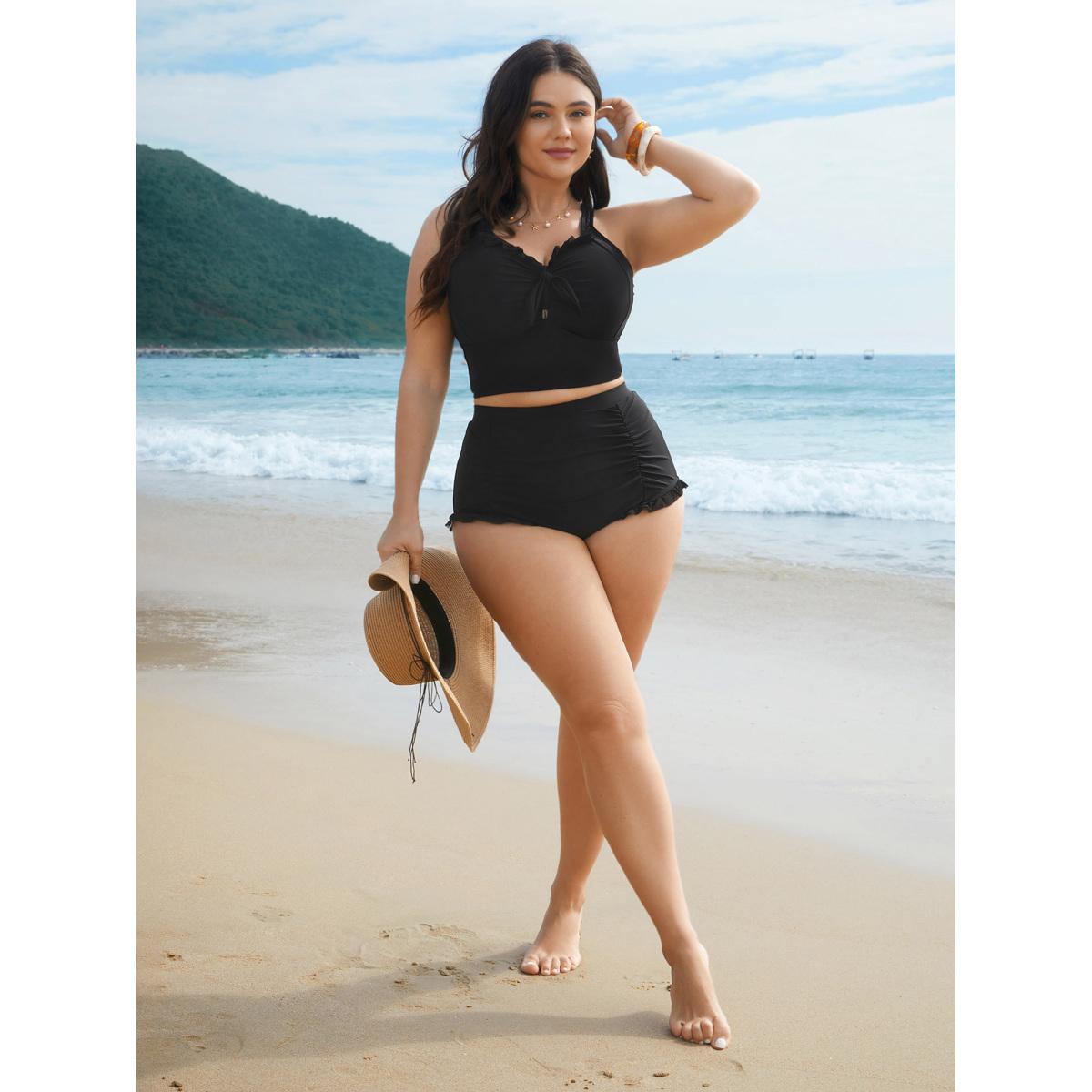 Plus Size Ruched Mesh Seamed Ruffle Trim Swim Bottoms Women's Swimwear Black Resort Gathered High stretch Skinny High Rise Curve Swim Bottoms BloomChic 26/4X Product Image