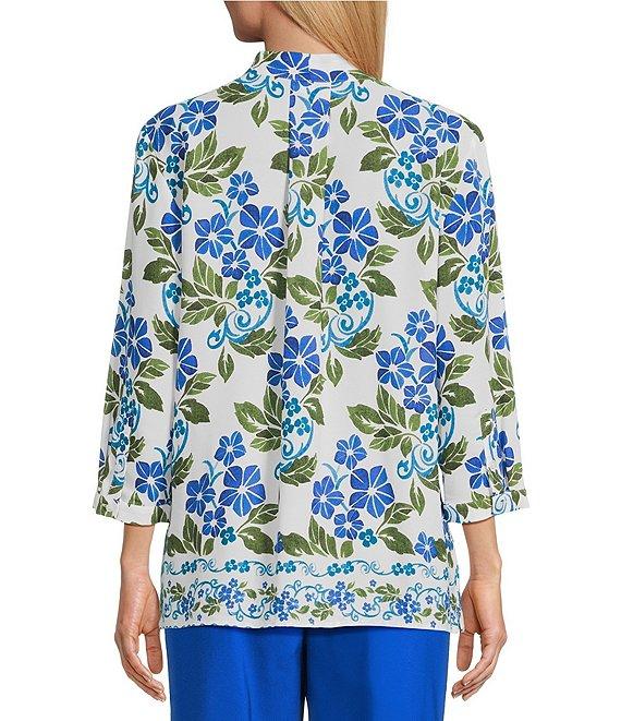 Investments Petite Size Caroline Signature Stamped Hibiscus V-Neck 3/4 Sleeve Button Front Blouse Product Image