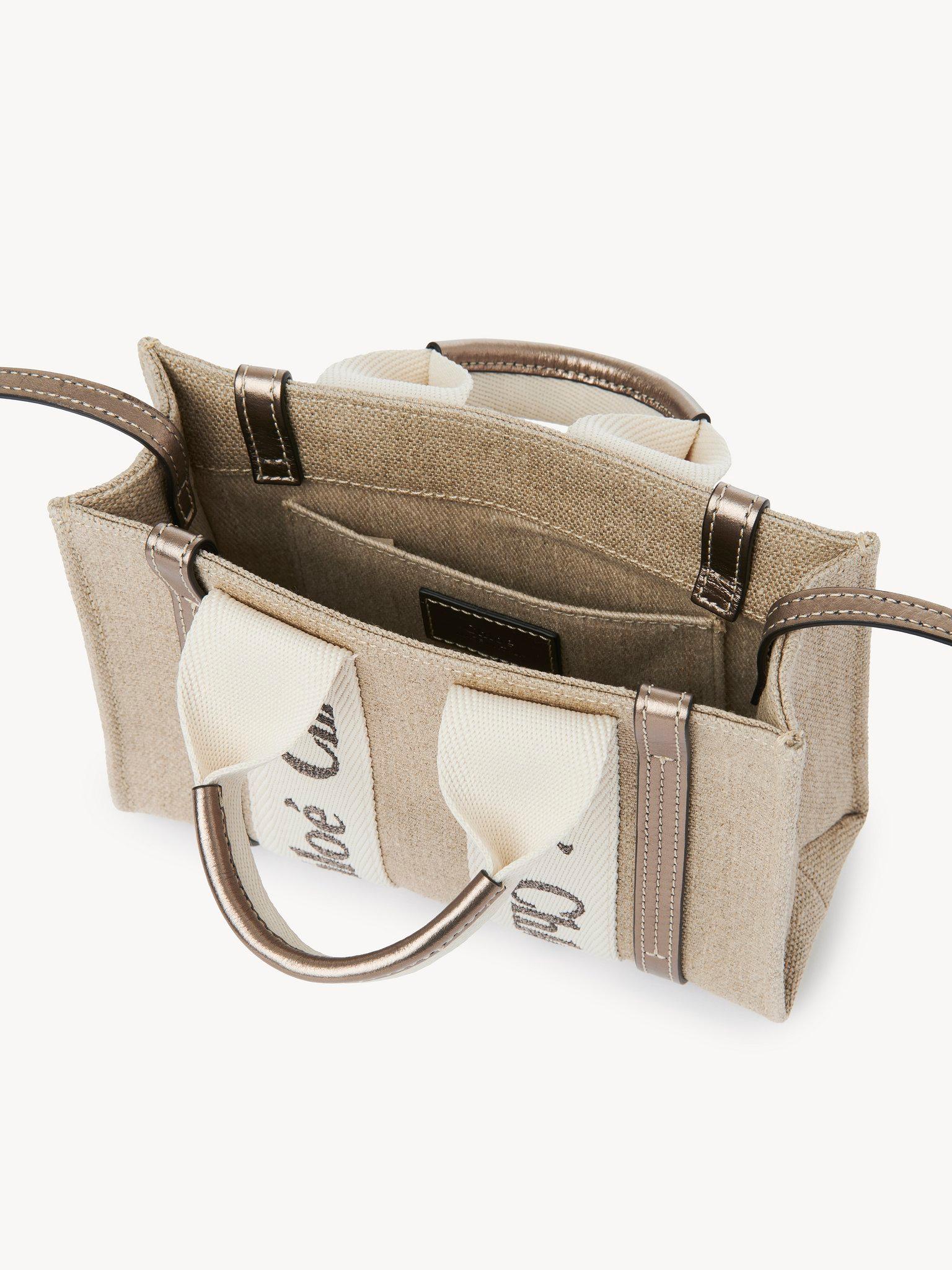 Mini Woody tote bag in linen & leather Product Image