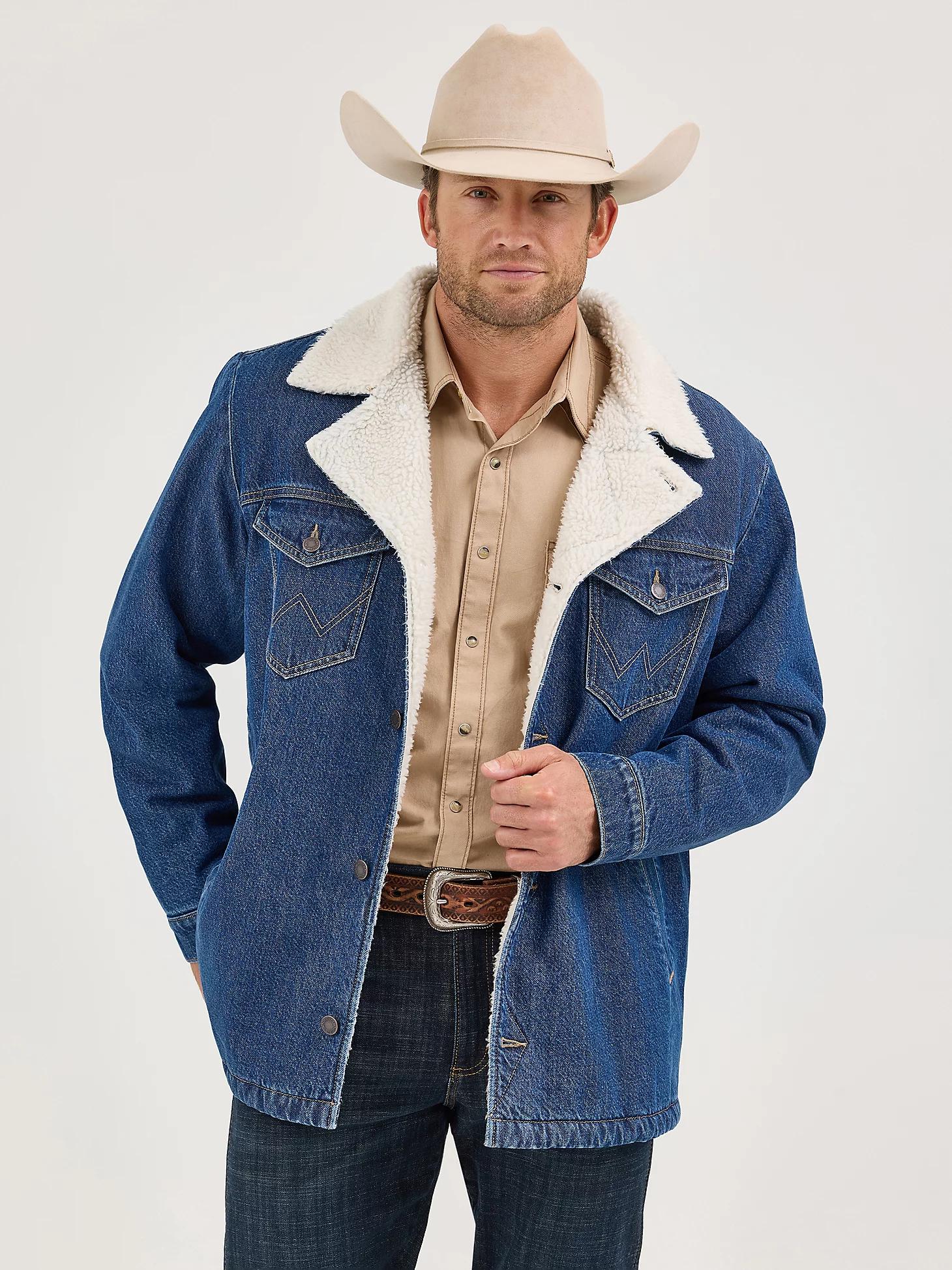 Men's Western Sherpa Lined Denim Wrange Jacket in Medium Wash Product Image