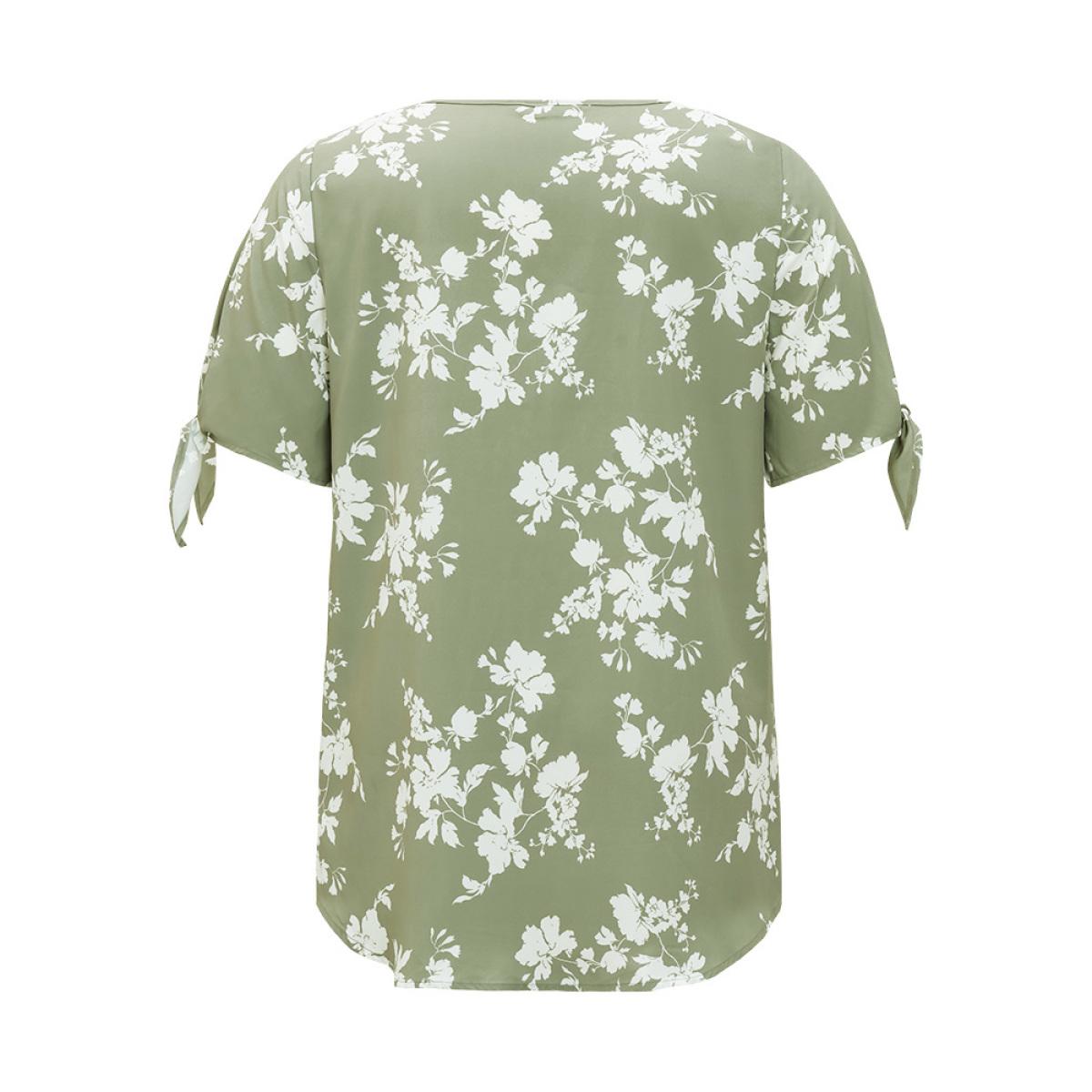 Plus Size Mint Floral Knot Sleeve V Neck Blouse Women Elegant Short sleeve V-neck Dailywear Blouses BloomChic 12/L Product Image