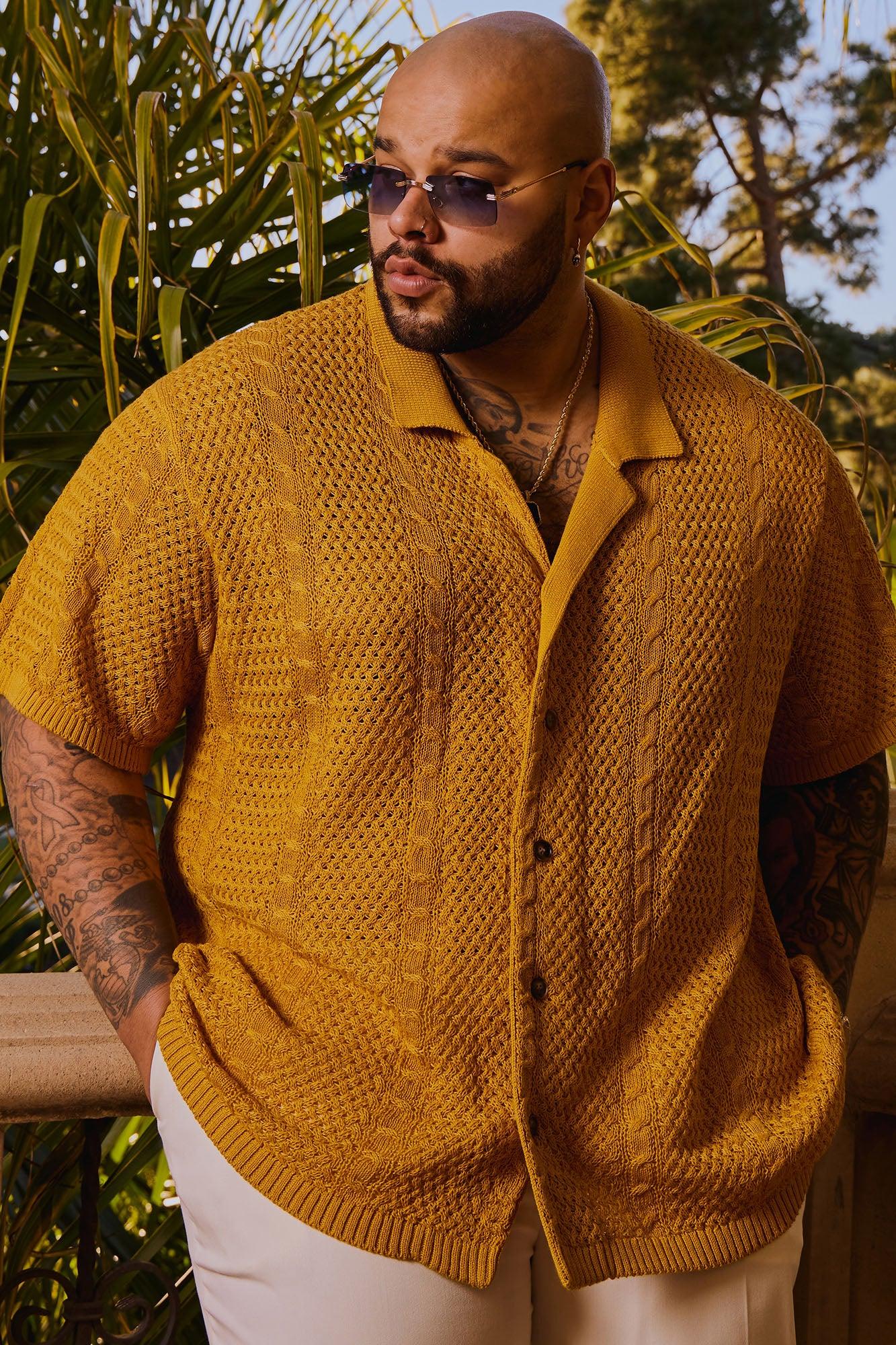 Unwind Cable Knit Short Sleeve Button Up - Mustard Product Image