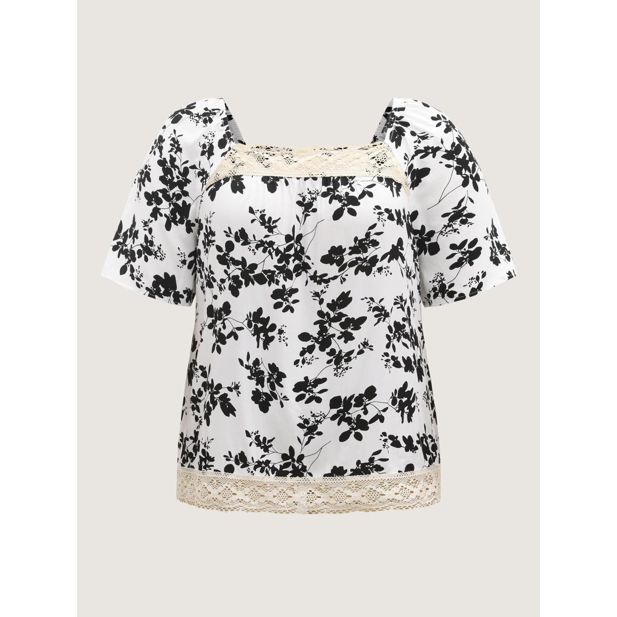 Plus Size WhiteSmoke Silhouette Floral Lace Detail Blouse Women Half Sleeve Square Neck Elegant Blouses BloomChic 26/4X Product Image