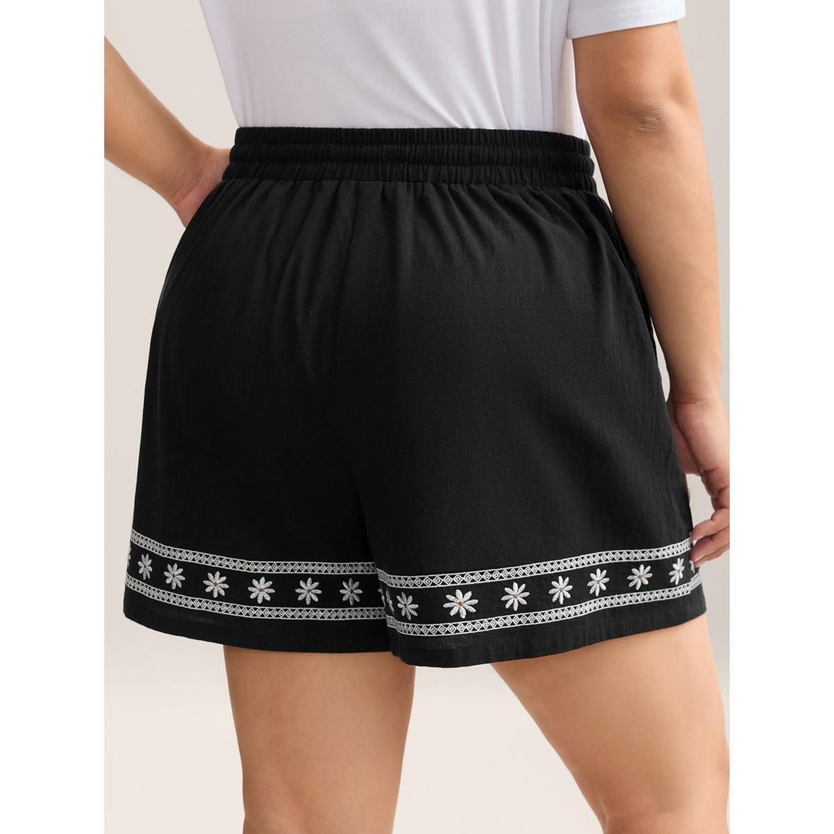 Plus Size Cotton Embroidery Waist-Tie Straight-Fit Shorts Women Black Boho Embroidered Vacation Shorts BloomChic 10/M Product Image