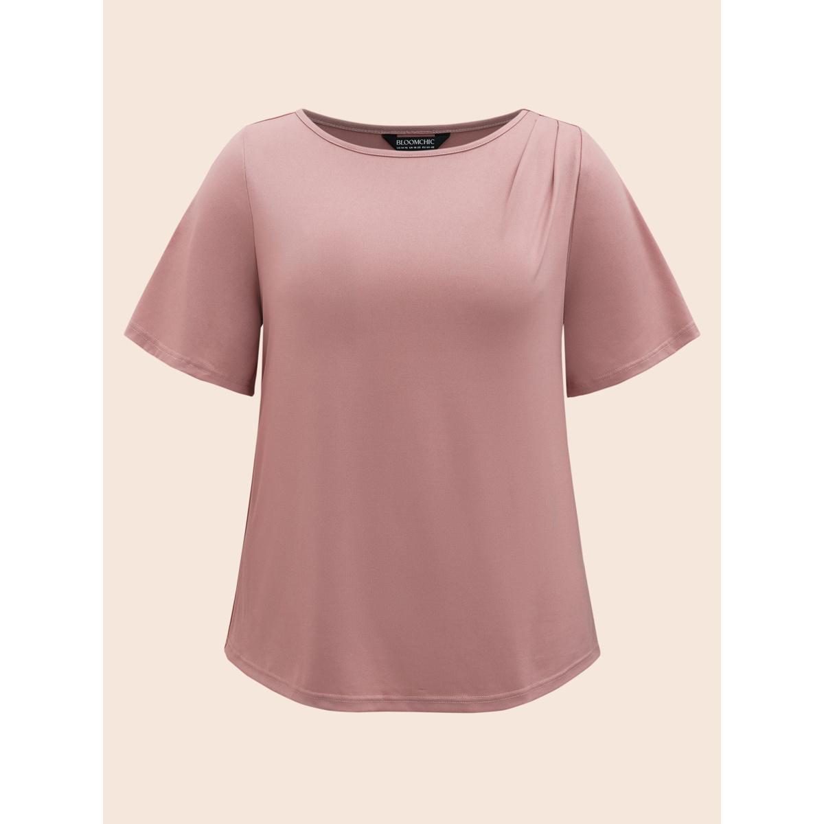 Plus Size Solid Round Neck Plicated Detail T-shirt Rouge Women Elegant Pleated Round Neck Everyday T-shirts BloomChic 22-24/3X Product Image