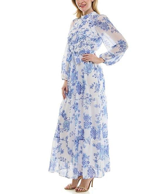 Moda Tara Long Sleeve Mock Neck Floral Printed Chiffon Maxi Dress Product Image