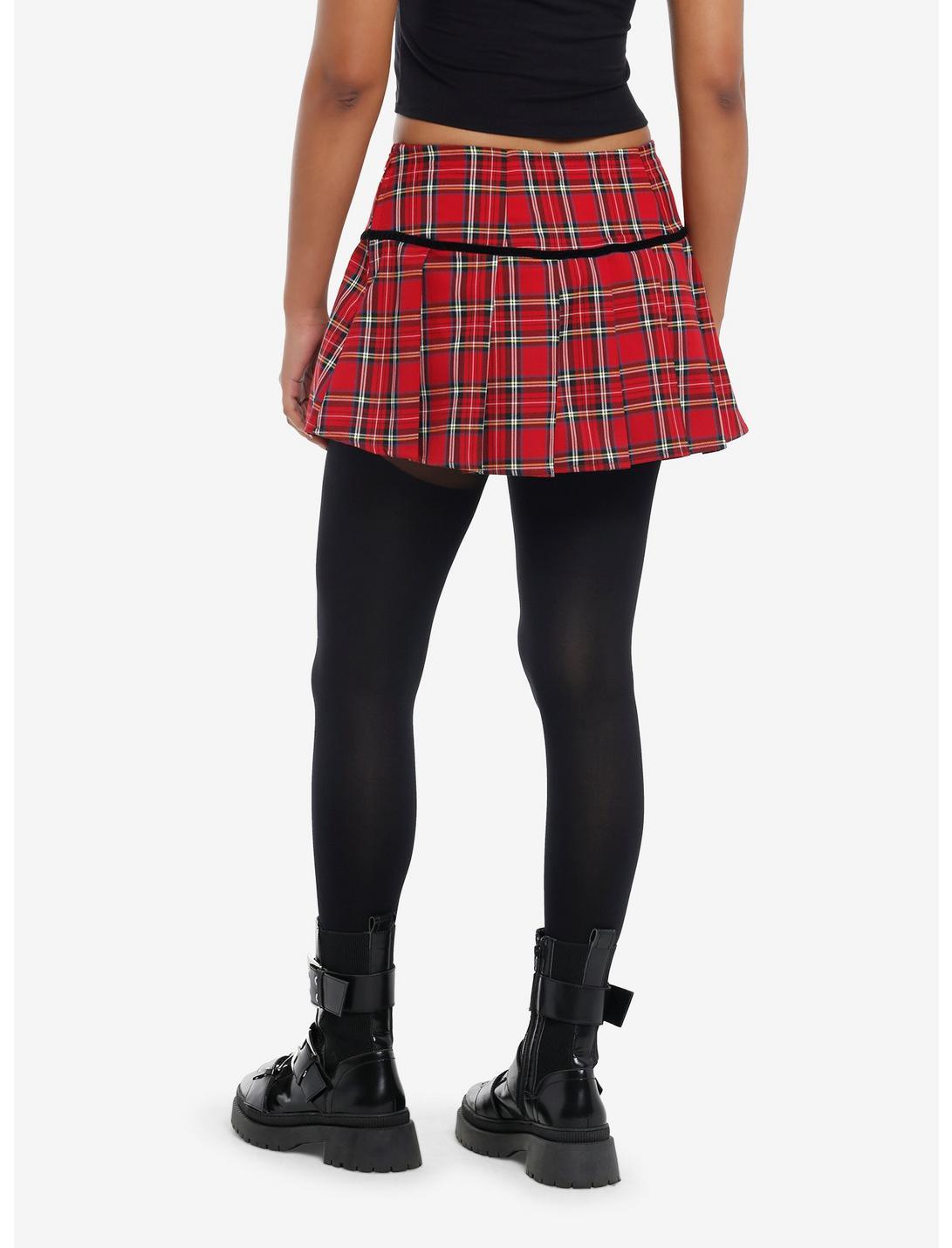 Social Collision Red Plaid Velvet Bow Pleated Mini Skirt Product Image