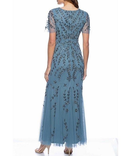 Marina Beaded Mesh Short Sleeve V-Neck Gown Product Image