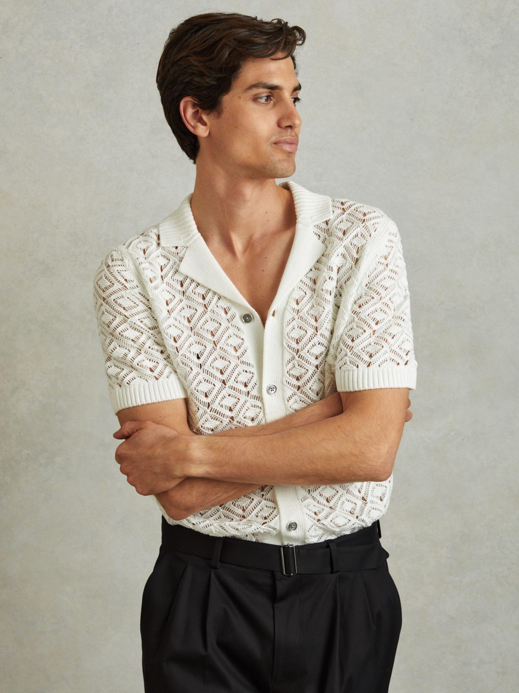 Crochet Cuban Collar Shirt in White Product Image