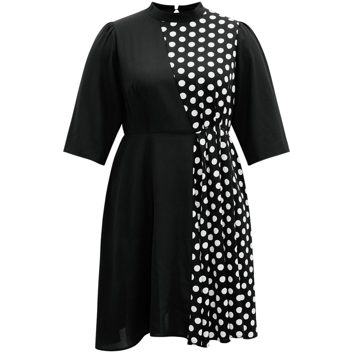 Plus Size Polka Dot Patchwork Mock Neck Elastic Waist Dress Black Women At the Office Contrast Mock Neck Elbow-length sleeve Curvy Midi Dress BloomChic 22-24/3X Product Image