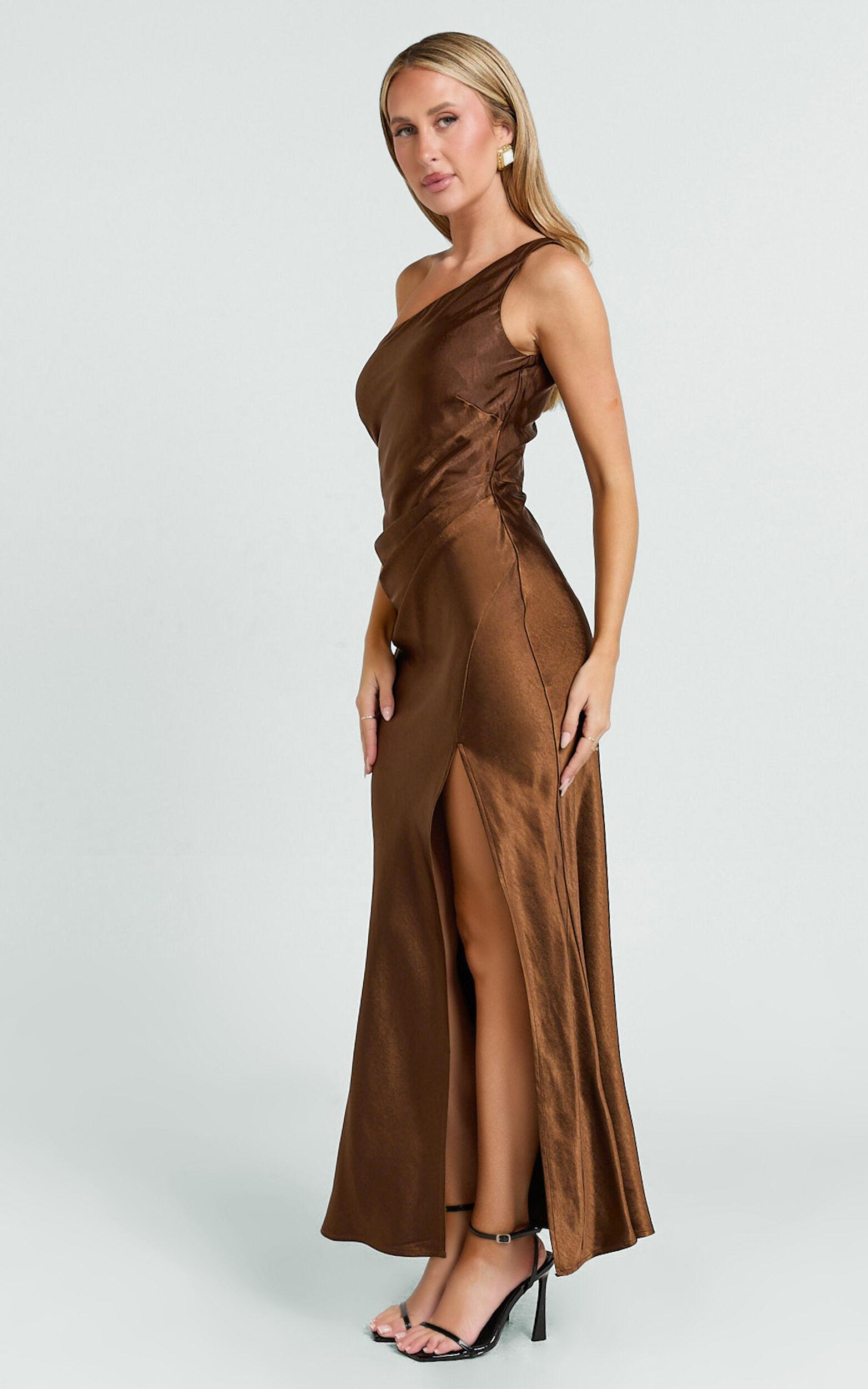 Isla Maxi Dress - Satin One Shoulder Side Split Dress in Chocolate Product Image