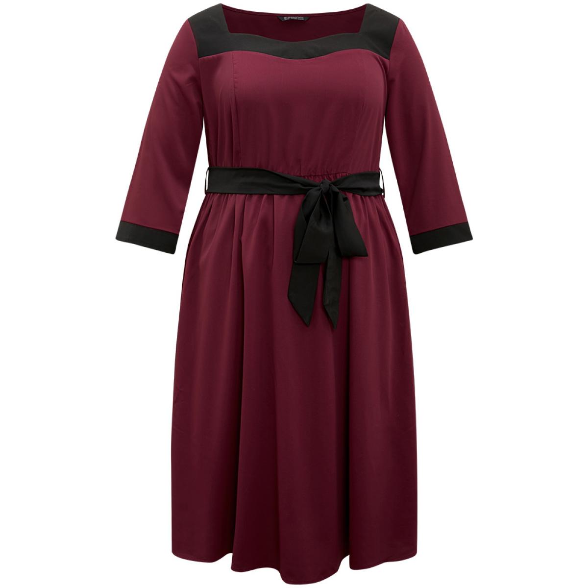 Plus Size Anti-Wrinkle Two Tone Patchwork Square Neck Dress Burgundy Women Elegant Belted Square Neck Elbow-length sleeve Curvy Midi Dress BloomChic 18-20/2X Product Image