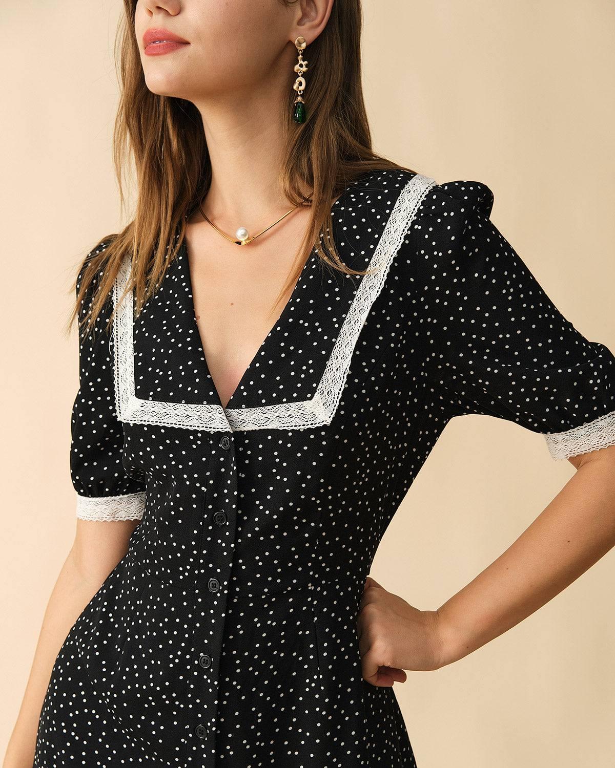 The Polka Dot Lace Trim Midi Dress Female Product Image