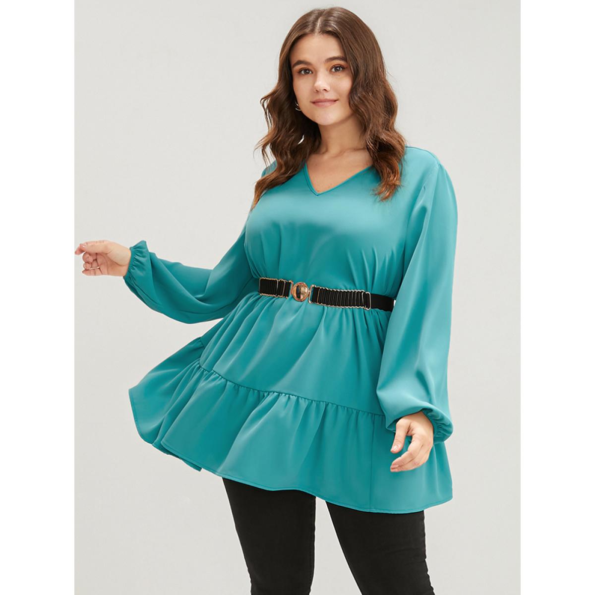 Plus Size Aegean Solid V Neck Lantern Sleeve Ruffle Hem Blouse Without Belt Women Elegant Long Sleeve V-neck Dailywear Blouses BloomChic 10/M Product Image