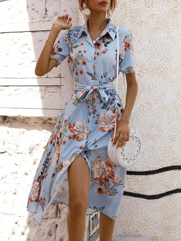 A-Line Loose Buttoned Flower Print Tied Waist Lapel Midi Dresses Product Image