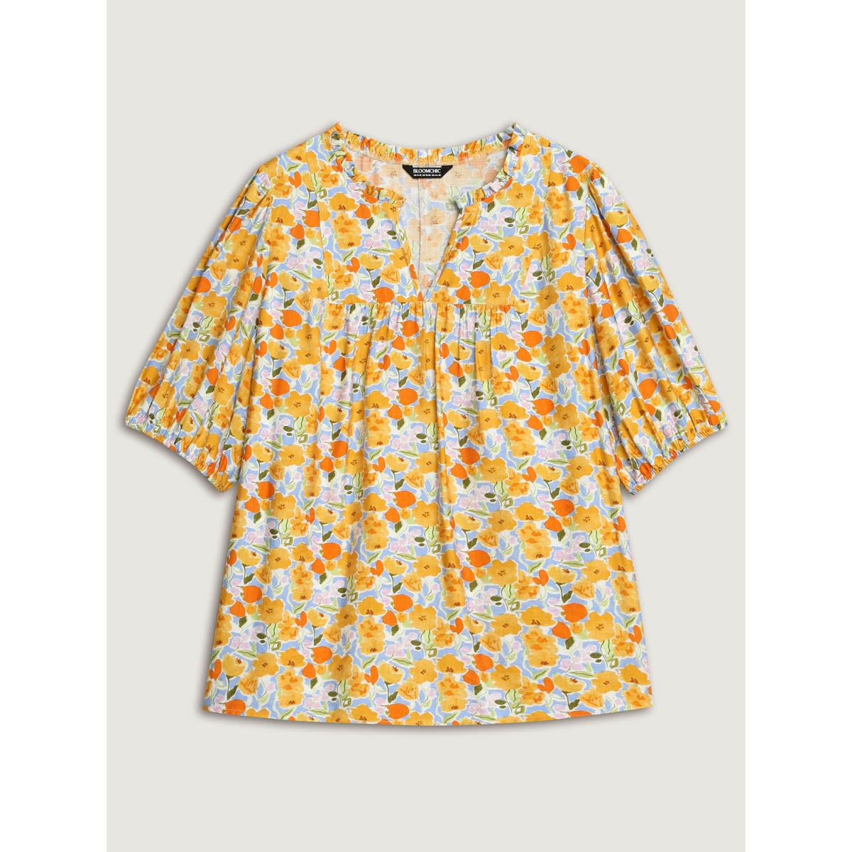 Plus Size LightBlue Rayon Ruffled Notched Collar Blouse Women Timeless Half Sleeve Notched collar Elegant Blouses BloomChic 10/M Product Image