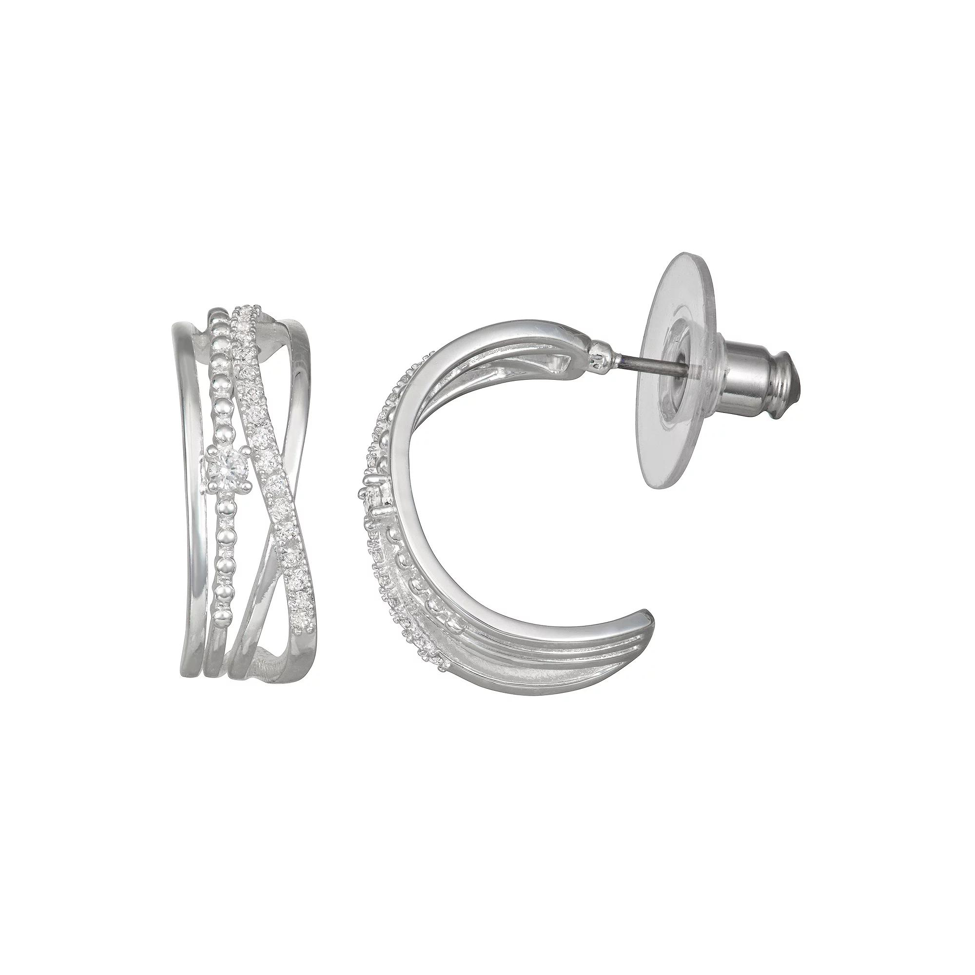 Napier Silver Tone Cubic Zirconia Braided C-Hoop Earrings, Women's, Clear Product Image