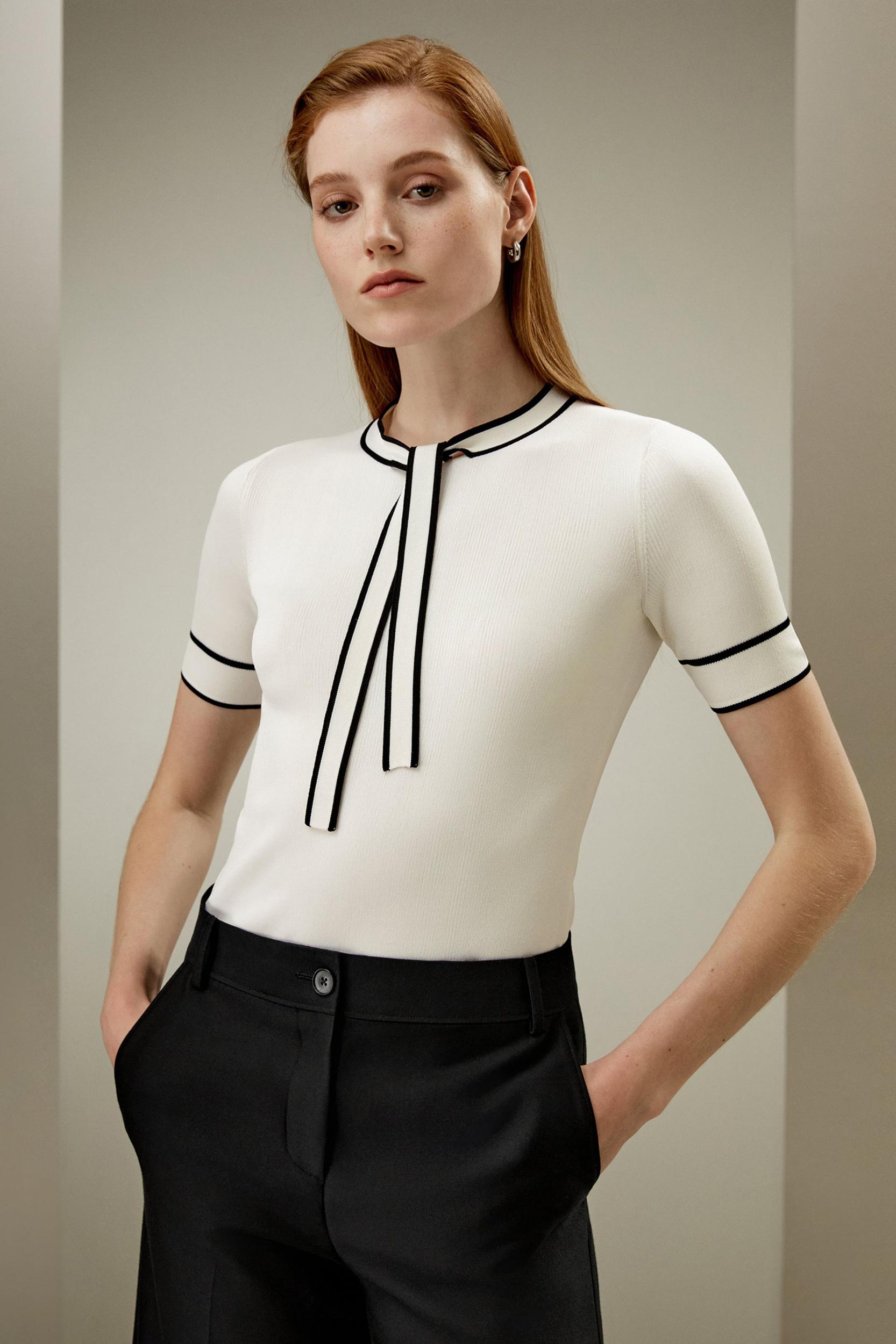 LILYSILK Womens Silk T Shirt - White with Black Stripes 100% Silk - Elegant Black Trim T Shirt M Product Image