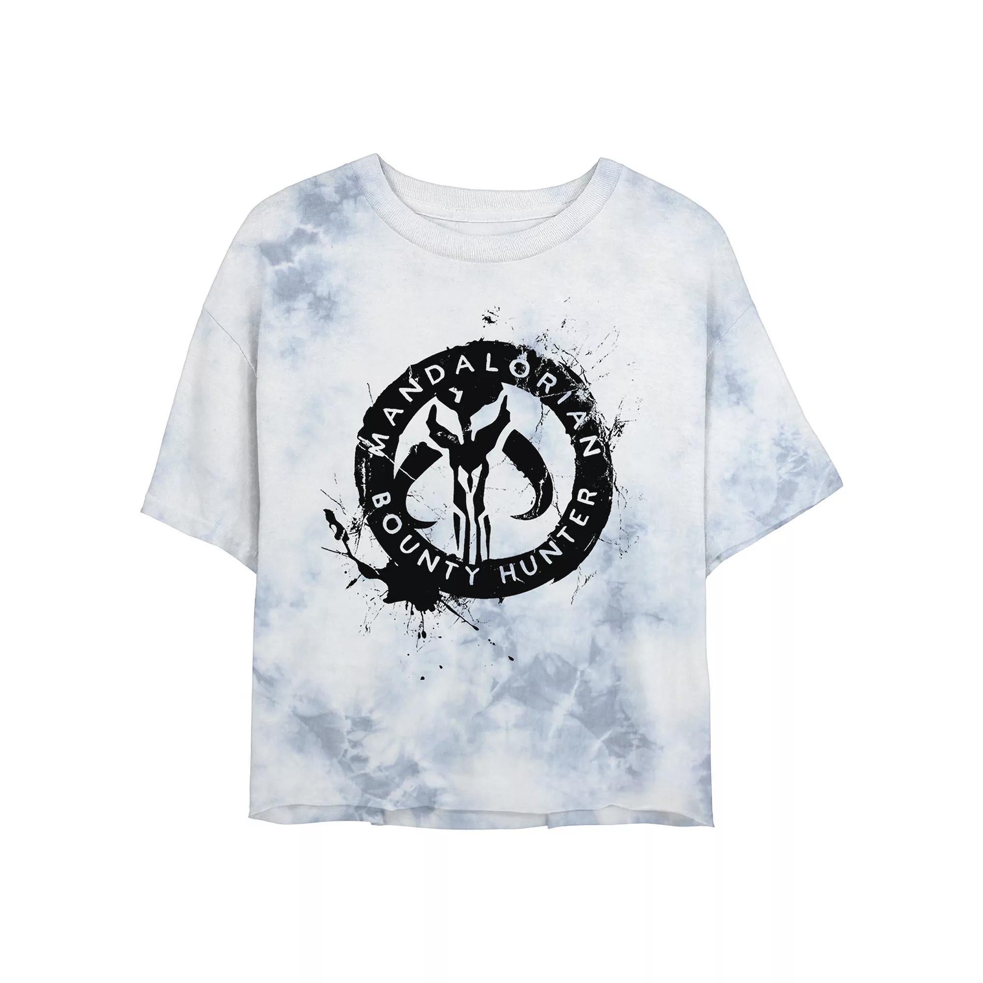Juniors' Star Wars: The Mandalorian Paint Splatter Emblem Wash Crop Tee, Women's, Size: Large, White Blue Product Image