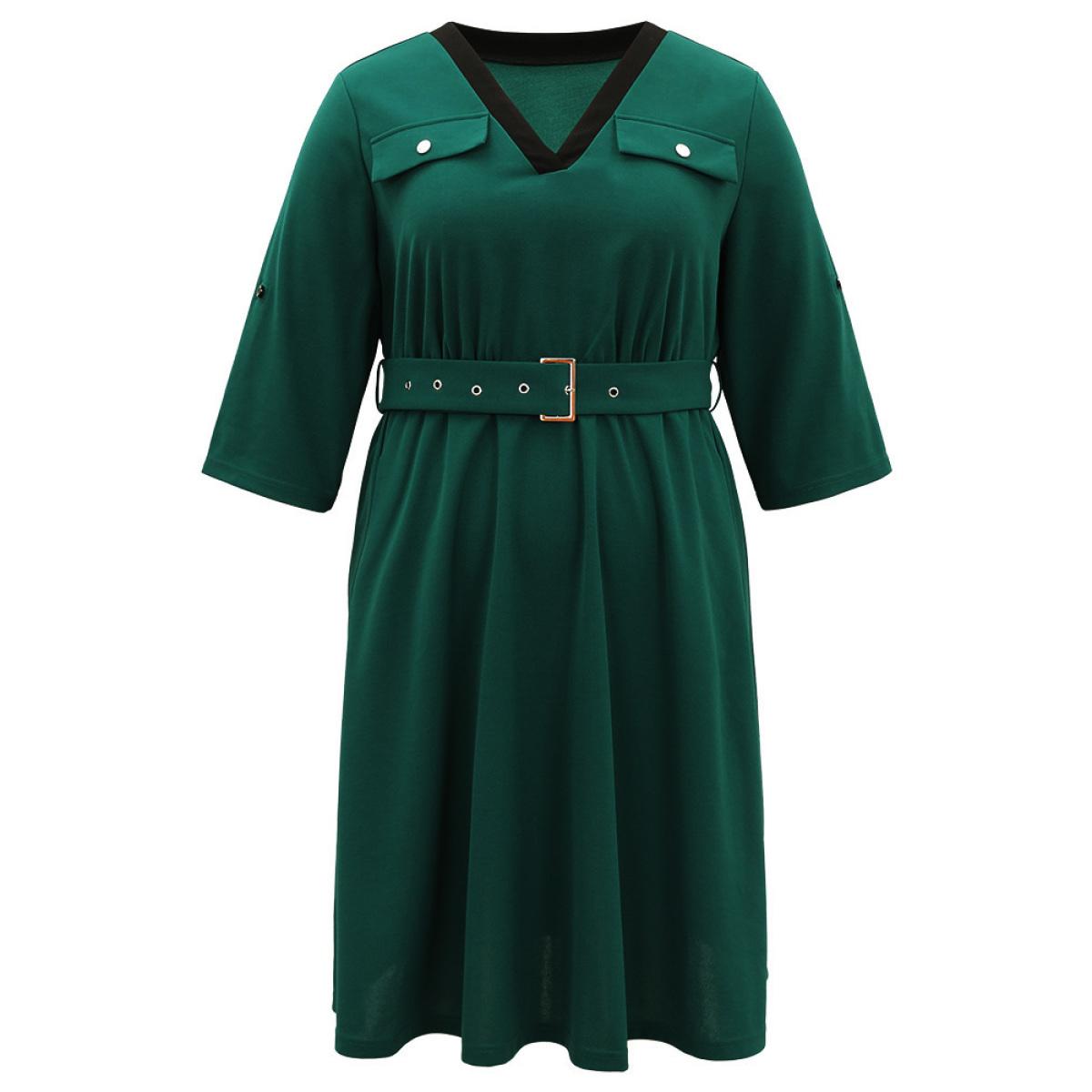 Plus Size Solid Contrast Trim Belted Flap Detail Dress Emerald Women Office Gathered V-neck Elbow-length sleeve Curvy Midi Dress BloomChic 30/6X Product Image