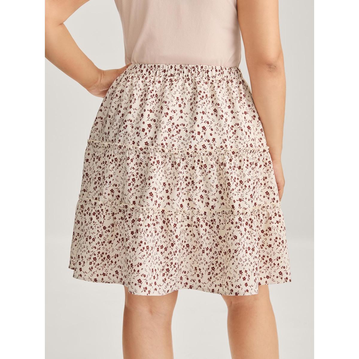 Plus Size Ditsy Floral Print Ruffled Midi Skirt Women Apricot Casual Loose No stretch Side seam pocket Everyday-Casual Skirts BloomChic 28/5X Product Image