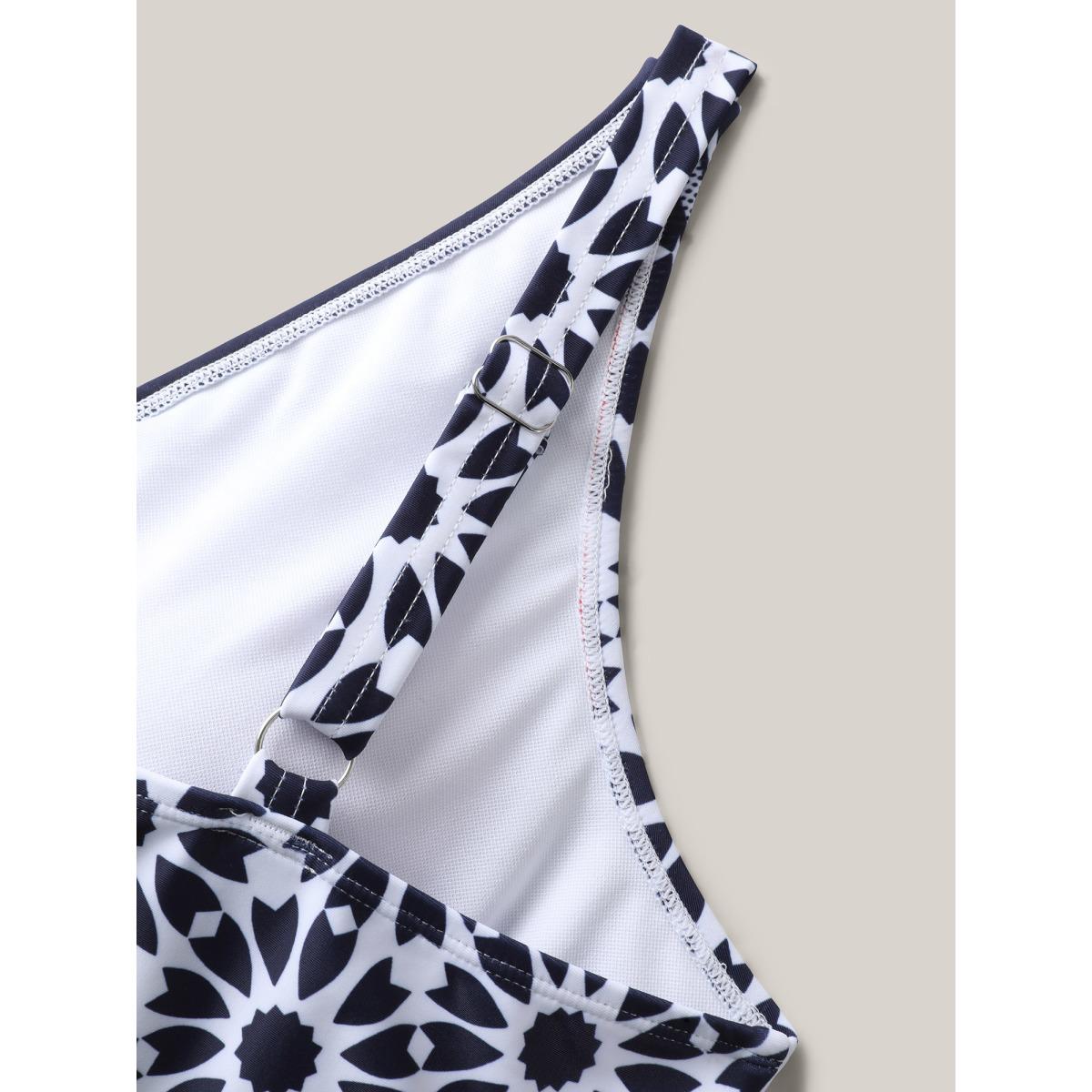 Plus Size Geometric Print Surplice Neck Swim Dress Women's Swimwear Indigo Beach Bodycon Overlap Collar High stretch Curve Swim Dresses BloomChic 18-20/2X Product Image