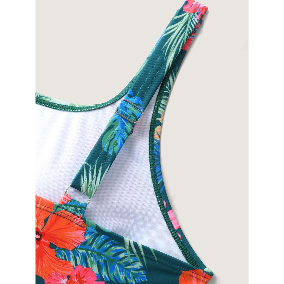 Plus Size Two-Piece Tropical Print Swim Top Women's Swimwear Cyan Beach Drawstring High stretch Bodycon U-neck Curve Swim Tops BloomChic 28/5X Product Image