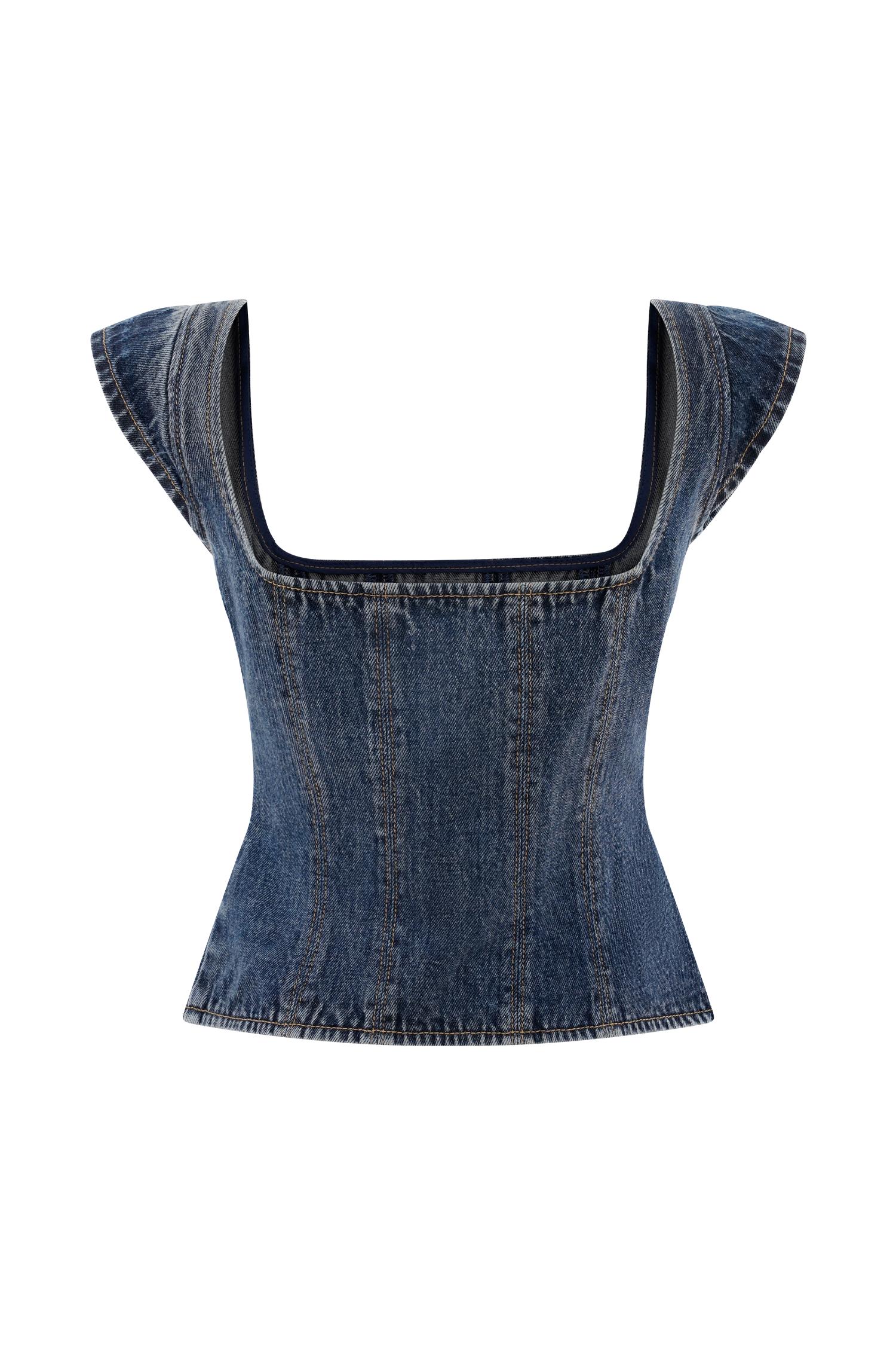 Loretta Cap Sleeve Denim Top - Washed Dark Blue Product Image