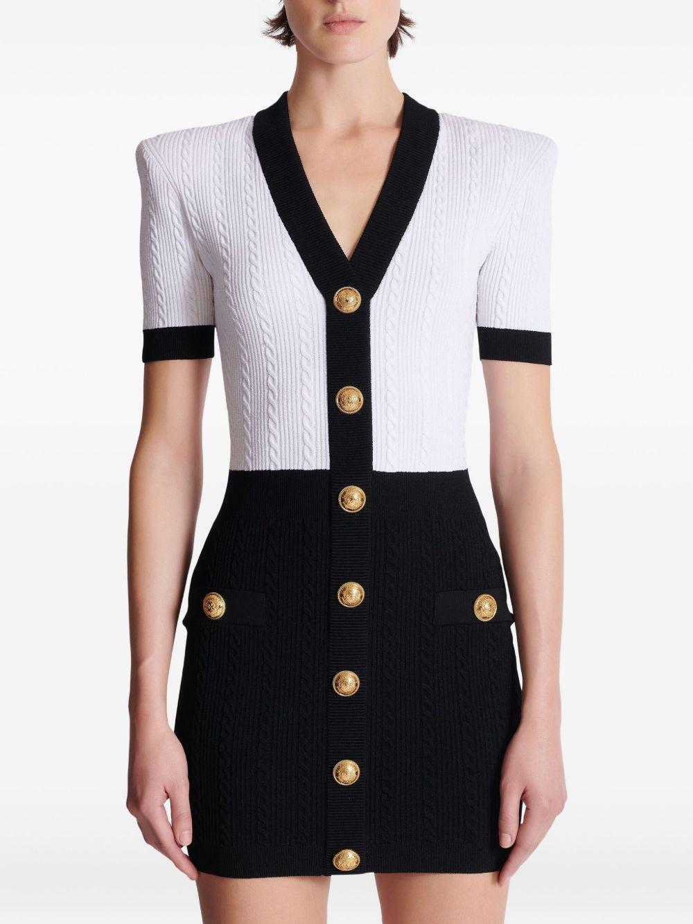 BALMAIN V-neck Buttoned Strong-shoulder Torsade Knit Mini Dress In White Product Image