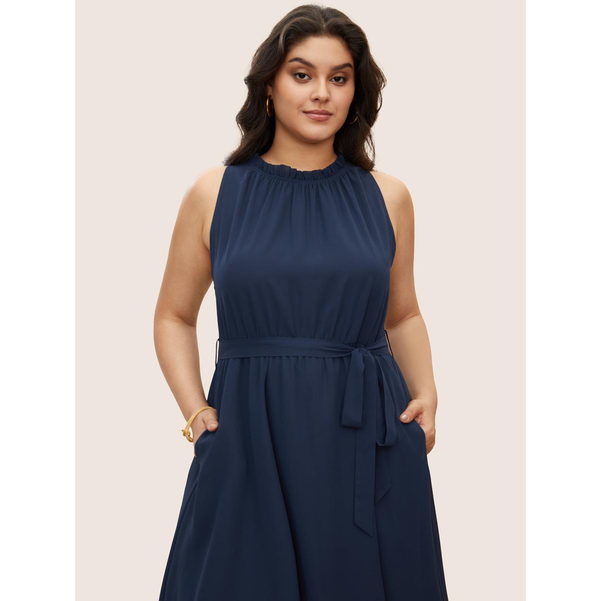 Plus Size Plain Sleeveless Frill Trim Pocket Belted Mock Neck Dress DarkBlue Women At the Office Pocket Mock Neck Sleeveless Curvy Midi Dress BloomChic 30/6X Product Image
