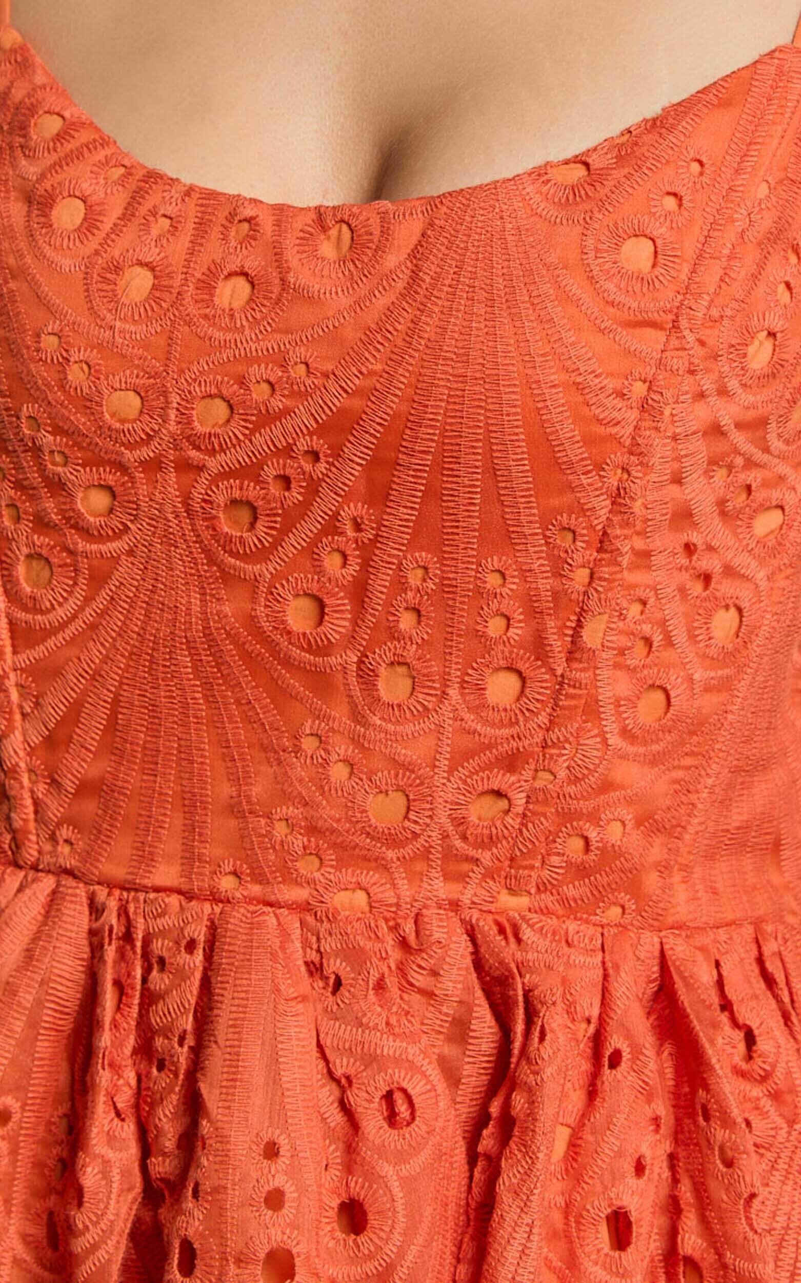 Gabriella Midi Dress - Strappy Gathered Skirt Embroidered Dress in Orange Product Image