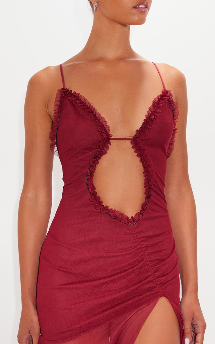 Burgundy Mesh Cut Out Frill Detail Ruched Bodycon Dress Product Image