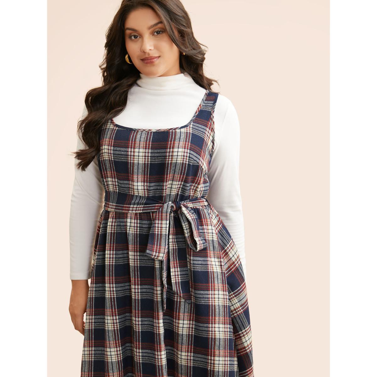 Plus Size Square Neck Plaid Belted Dress DarkBlue Women Elegant Belted Square Neck Sleeveless Curvy BloomChic 22-24/3X Product Image