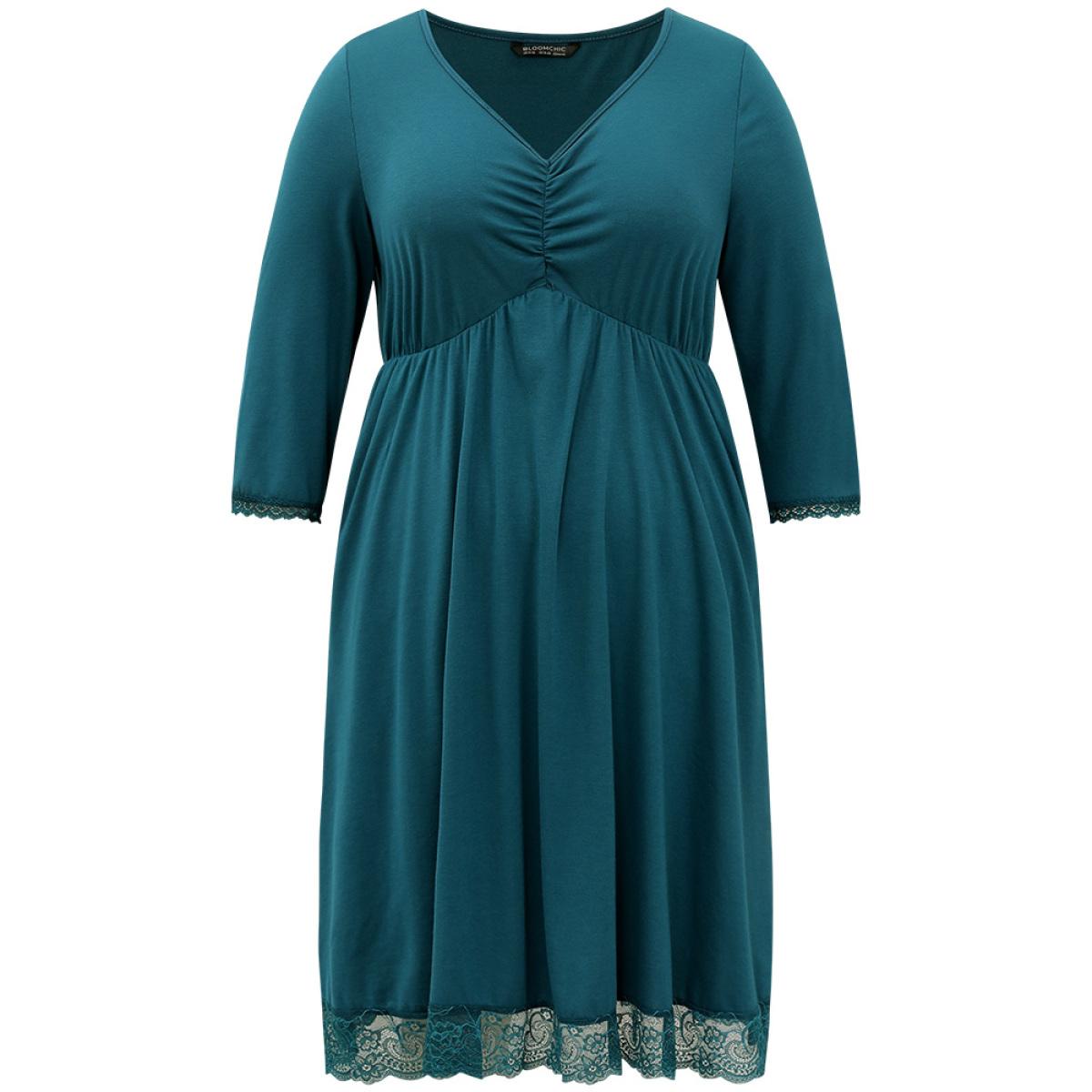 Plus Size Solid Guipure Lace Ruched Elastic Waist Dress Cerulean Women At the Office Gathered V-neck Elbow-length sleeve Curvy Midi Dress BloomChic 12/L Product Image