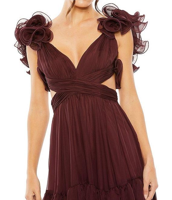 Mac Duggal V-Neck Ruffle Tiered Cut-Out Chiffon Dress Product Image