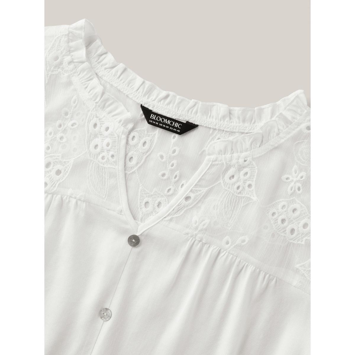 Plus Size Originalwhite Eyelet Trim Sheer Button Detail Blouse Women Timeless Short sleeve Notched collar Elegant Blouses BloomChic 10/M Product Image
