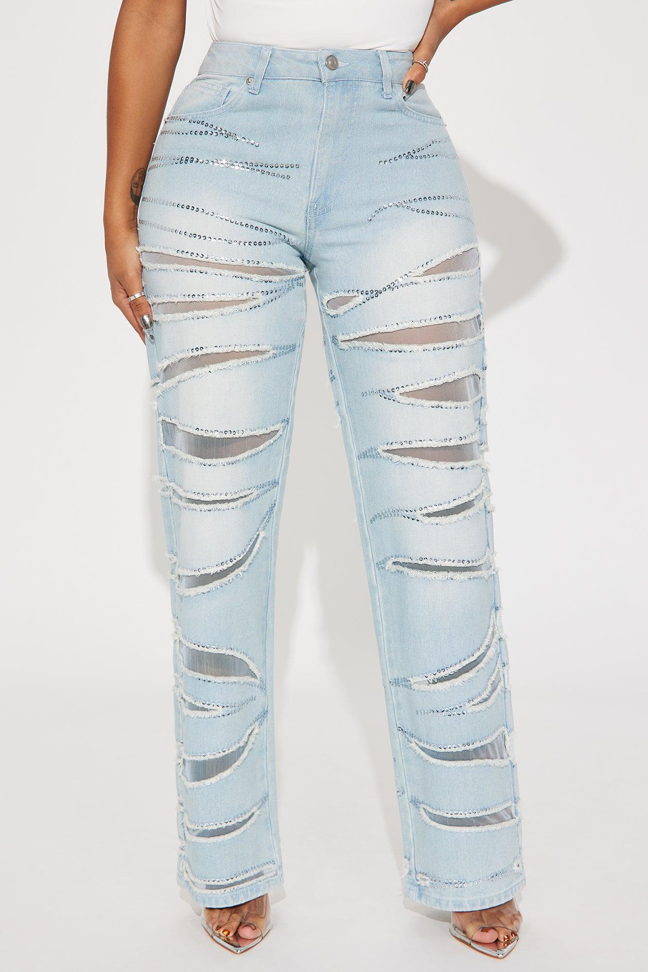 Zaria Embellished Cut Out Straight Leg Jeans - Light Wash Product Image
