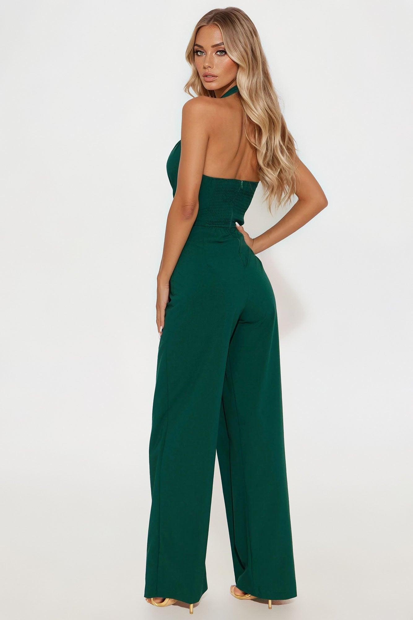 Mirella Halter Wide Leg Jumpsuit - Hunter Green Female Product Image