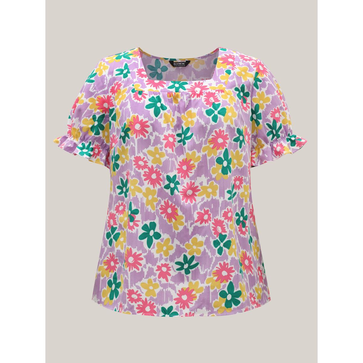 Plus Size Lilac Rainbow Floral Print Pleated Blouse Women Short sleeve Square Neck Casual Blouses BloomChic 28/5X Product Image