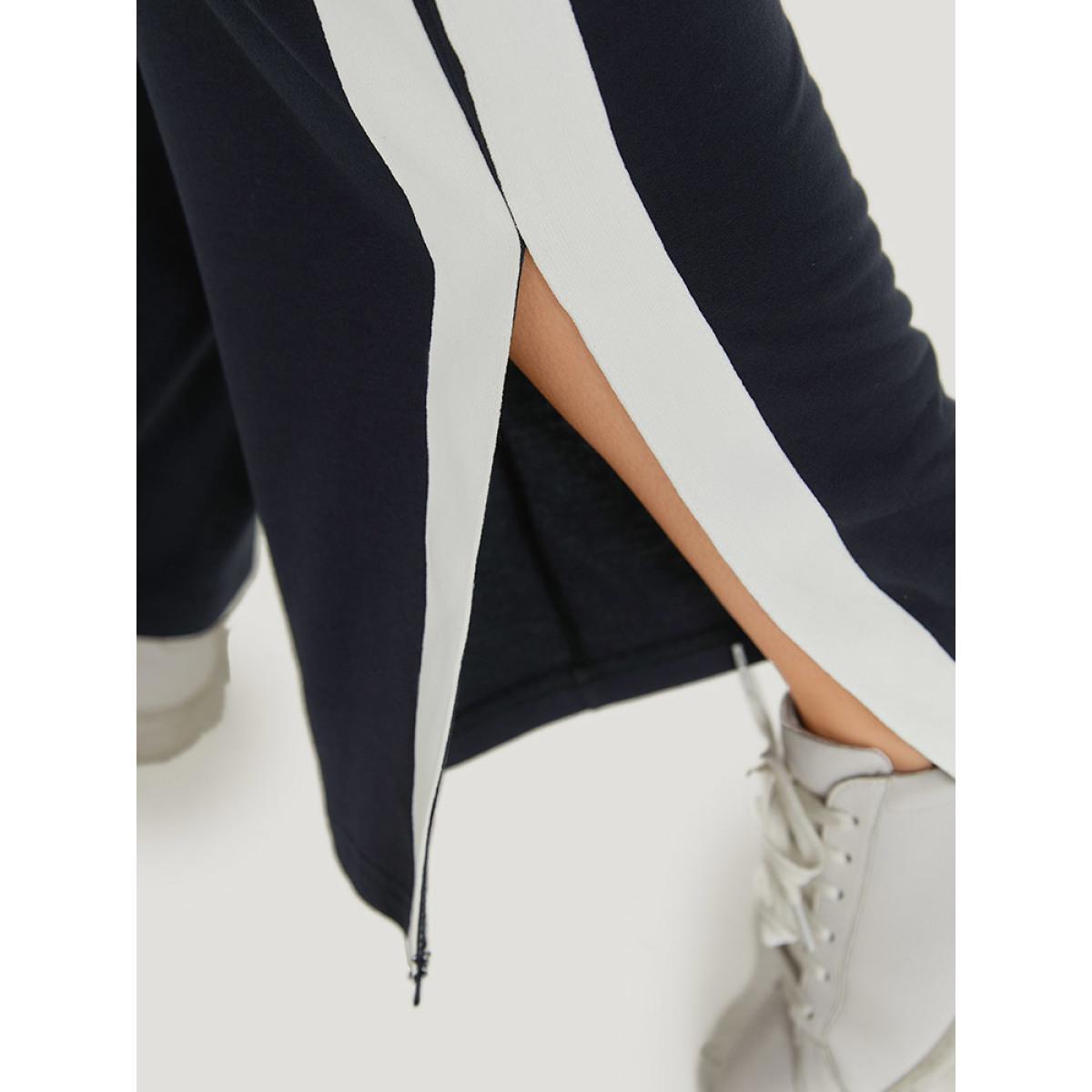 Two Tone Slant Pocket Bowknot Split Side Sweatpant Midnight Plus Size Women Casual Dailywear Contrast 10/M Bloomchic Product Image