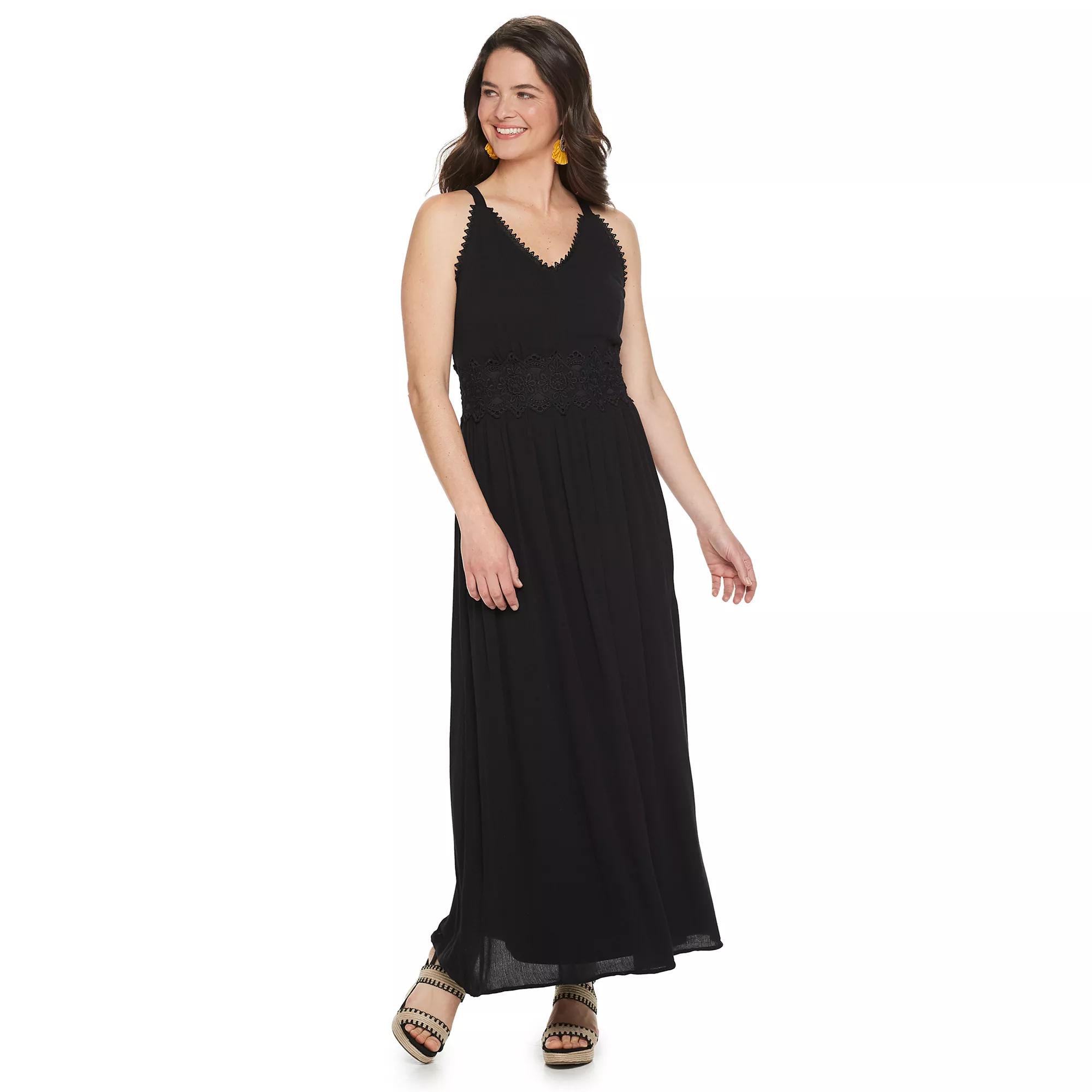 Women's Nina Leonard Crochet Trim Maxi Dress, Size: Small, Black Product Image