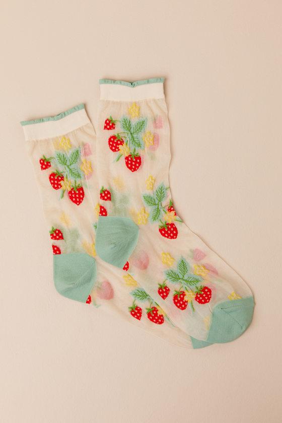 Wild Strawberry Beige and Green Sheer Embroidered Socks Product Image