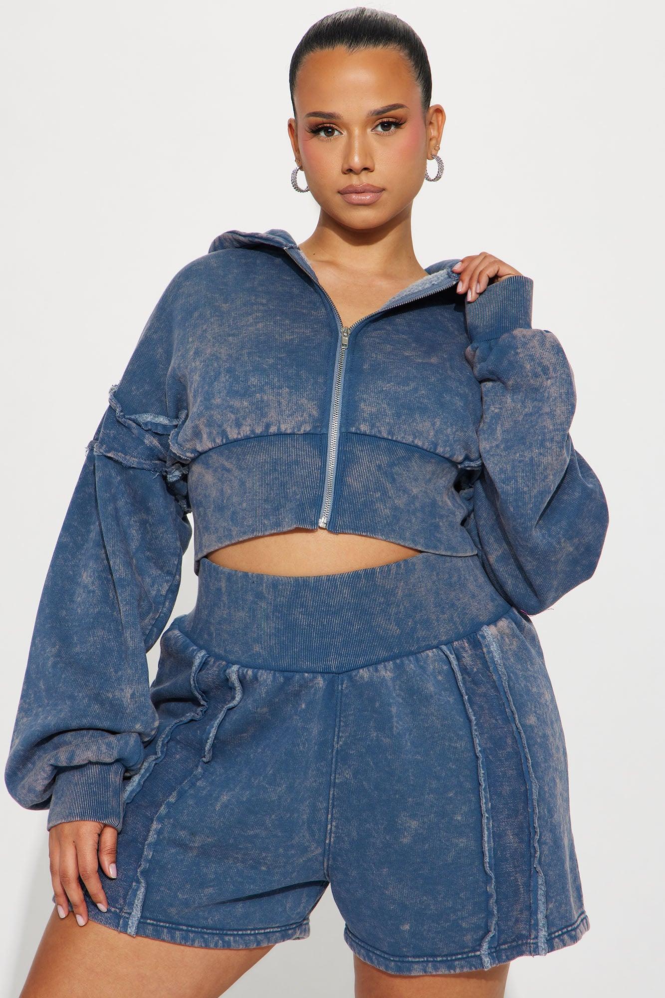 Kamaya Washed Cropped Fleece Hoodie - Slate Blue Product Image