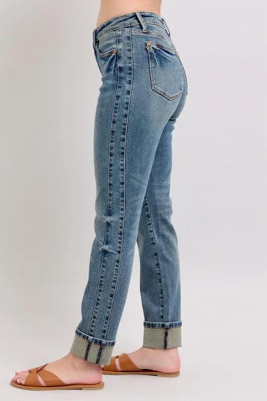 88946   Alina Mid-Rise Vintage Wash Double Roll Cuff Boyfriend Judy Blue Jeans Product Image