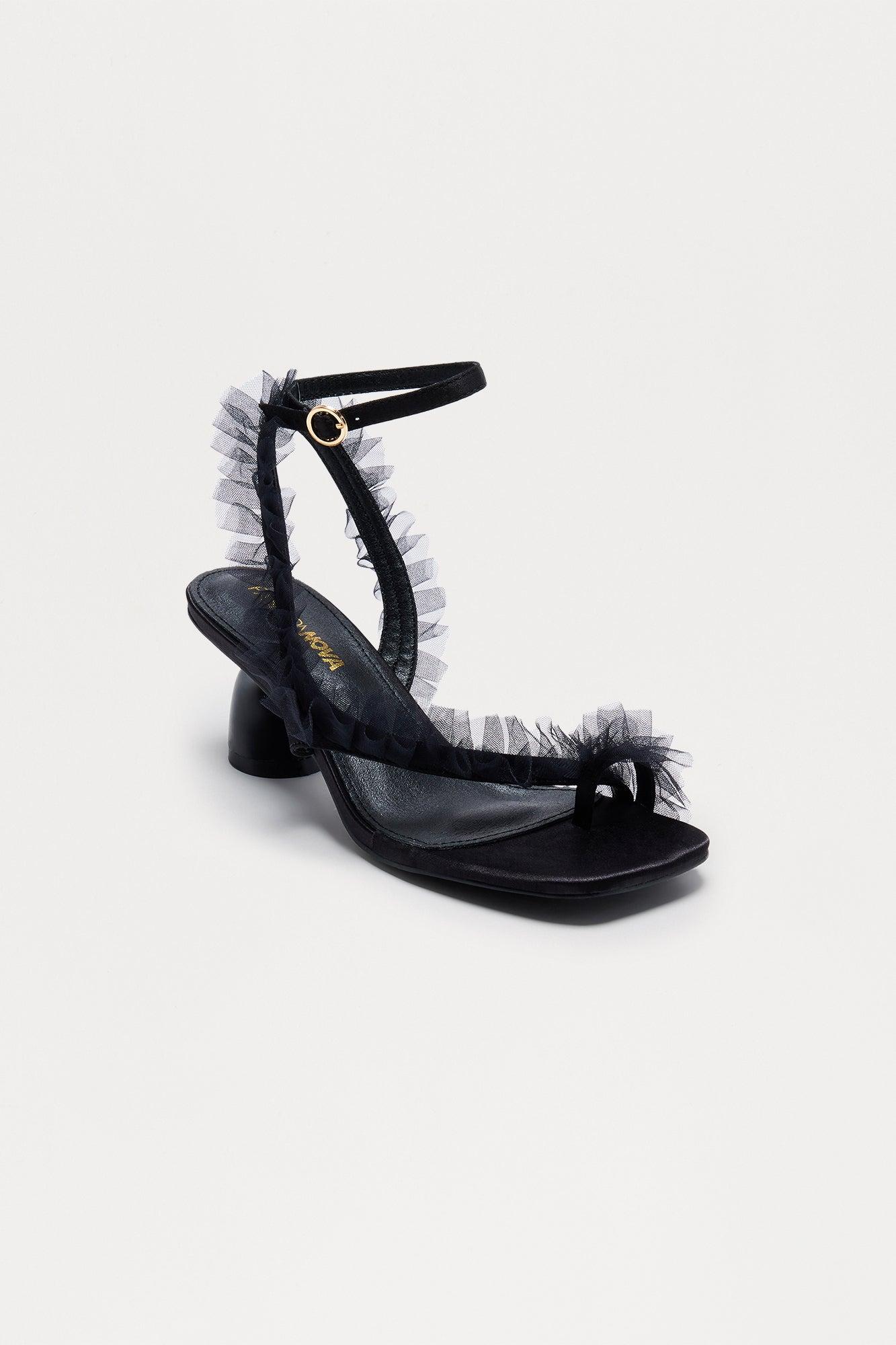 Afina Satin Ruffle Heels - Black Female Product Image