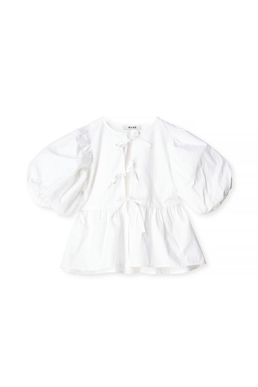 Cotton Puff Sleeve Tie Front Blouse Product Image